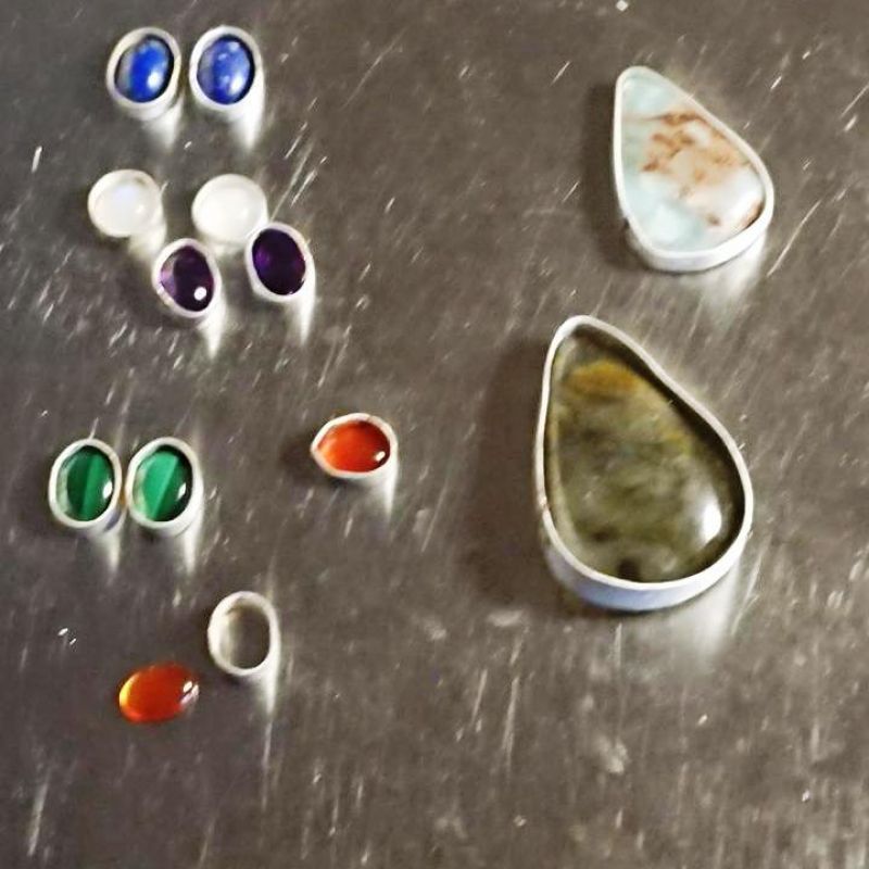 Handmade sterling silver healing crystals amethyst, malachite, carnelian, rainbow moonstone, lapis lazuli, larimar, labradorite ready for bezel setting